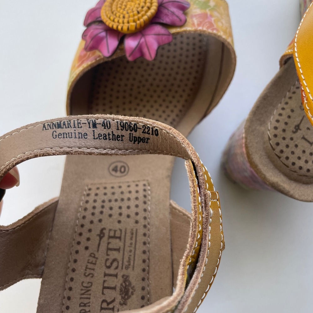 L'ATISTE Yellow Floral Leather Wedge Sandals with Pink Flower Accent - Picture 5 of 12